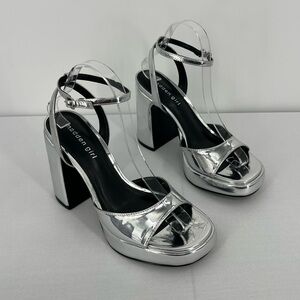 Metallic mirror chrome silver chunky platform block heels 8 party Y2K disco club